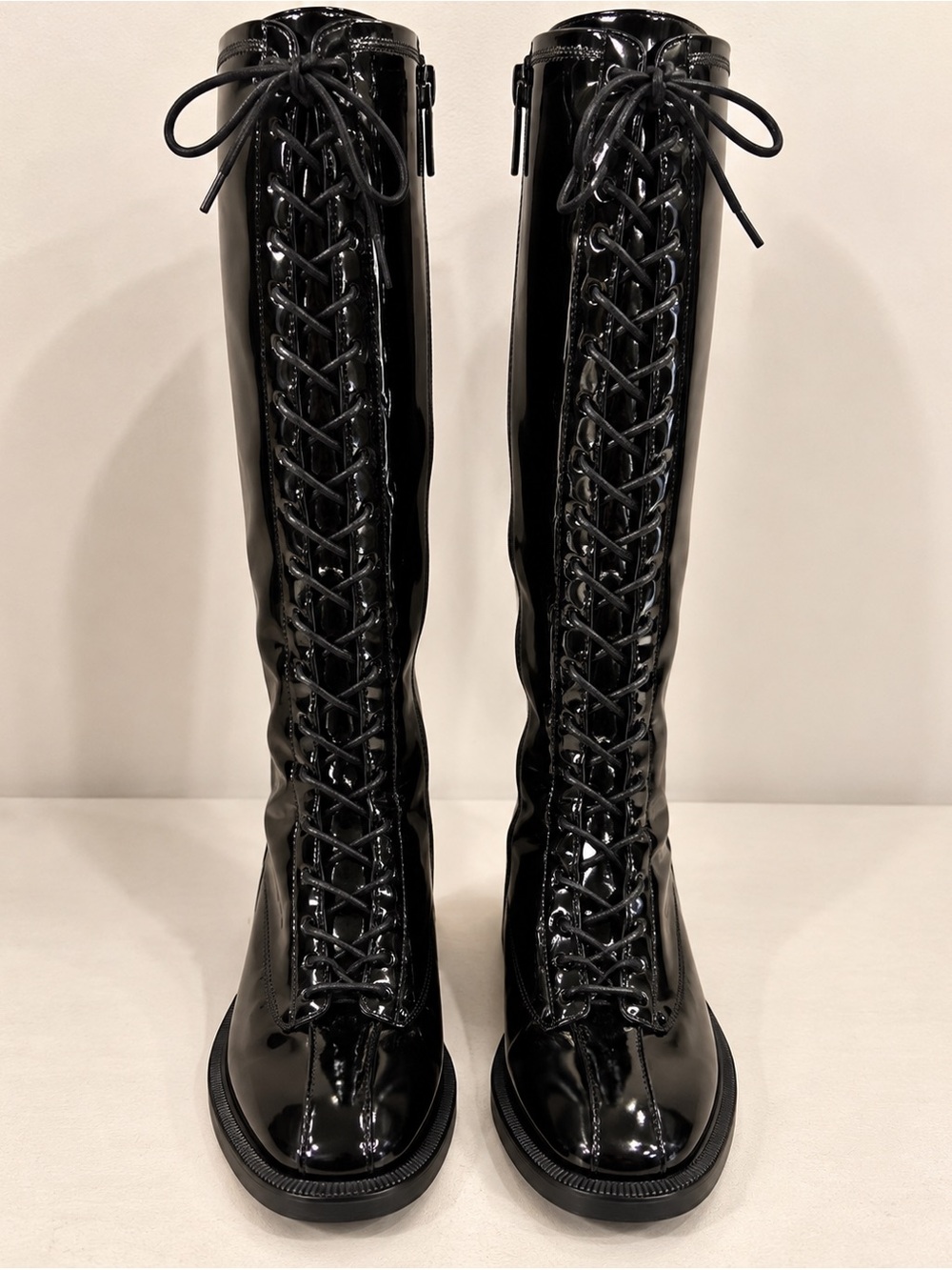 SCHUTZ Black Patent Leather Knee High Lace-Up Boots Size 7.5B